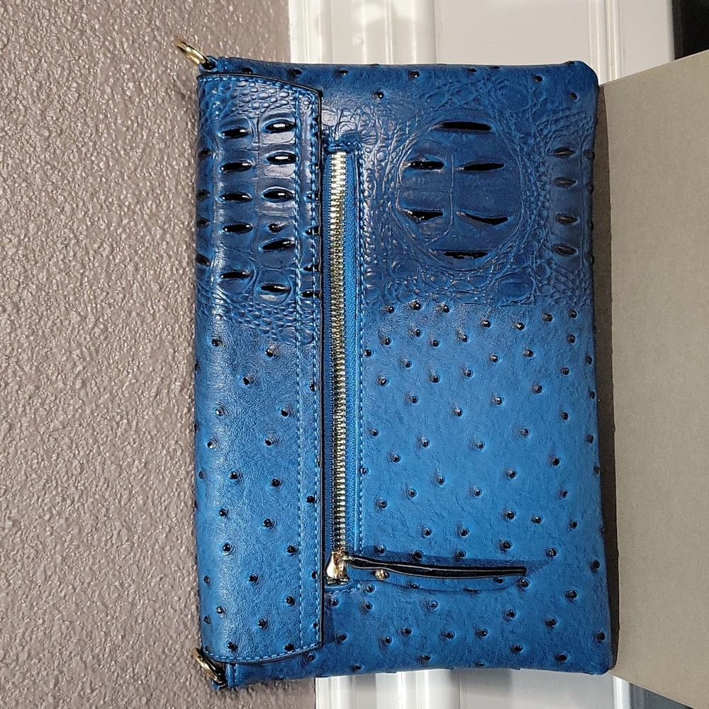 Le Miel Blue Vegan Embossed Ostrich Crossbag - Picture 3 of 9